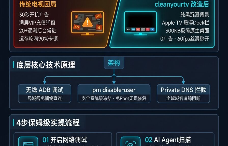 海外爆火 cleanyourtv：用 AI 告别电视广告，免 Root、零广告、秒变 Apple TV 全流程